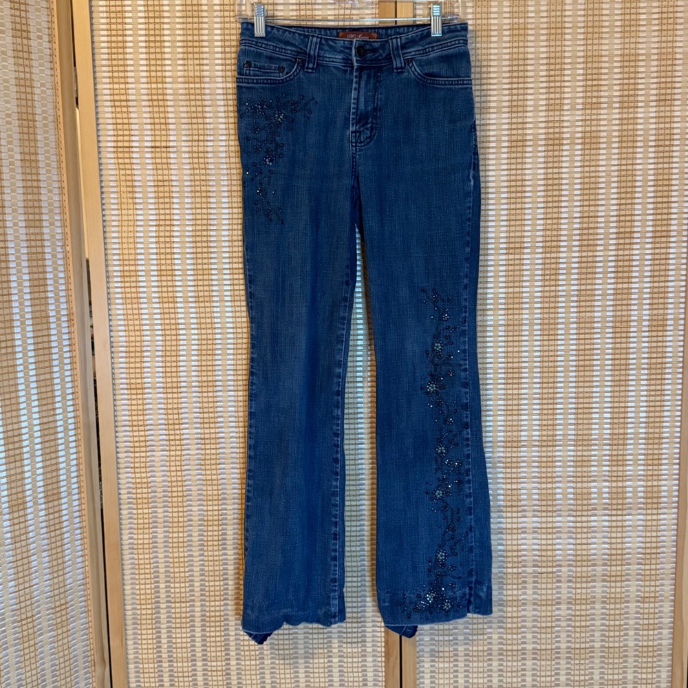 MU Jeans Womens Medium Wash Beaded Floral Sequin Embellished Bootcut Denim Jeans